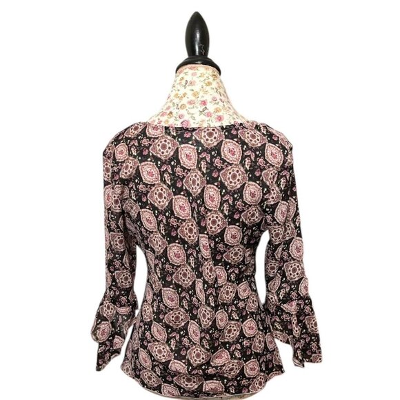 IZ Byer black & pink paisley blouse with ruffle sleeves, V-neck, & 3/4 length sl - Picture 3 of 3